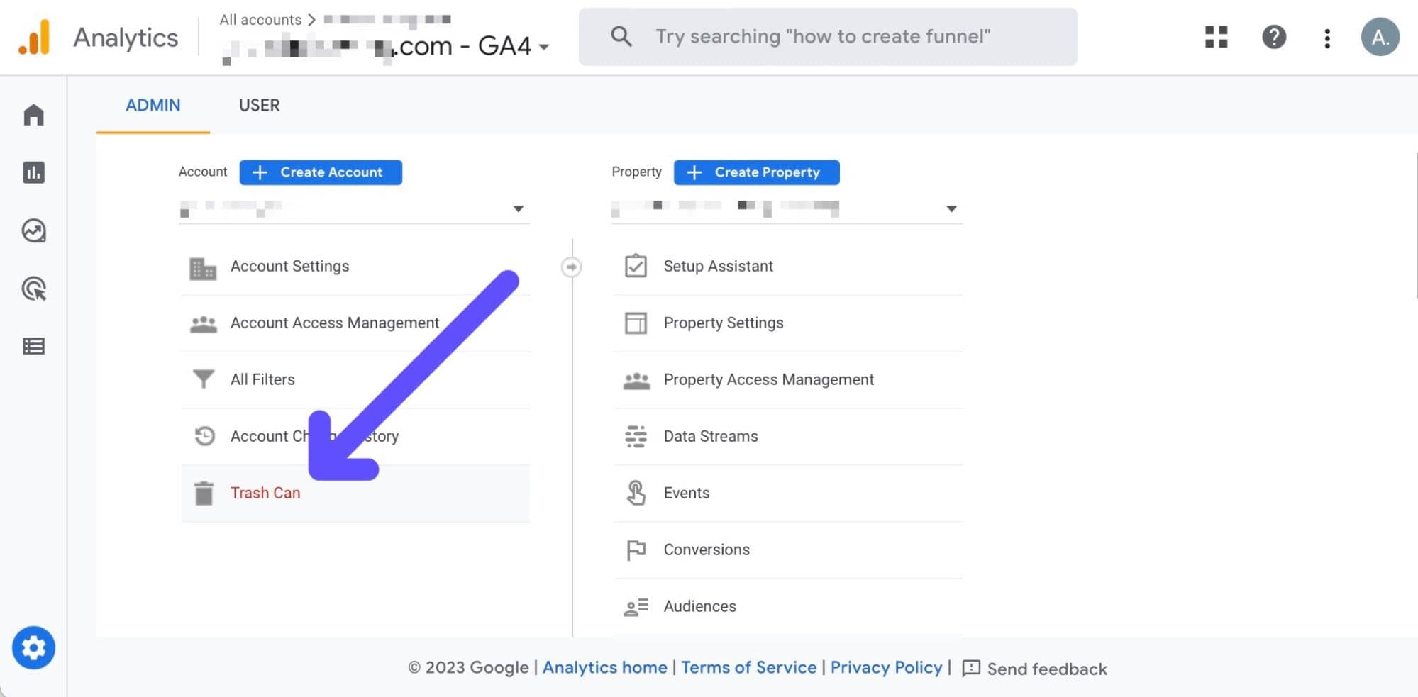 go to google analytics trash can