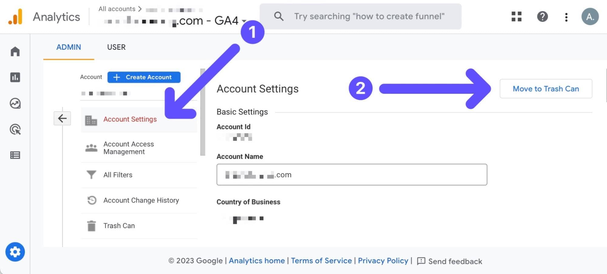 move google analytics account to trash